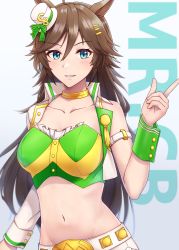 Rule 34 | 1girl, ahoge, animal ears, arm belt, bad id, bad pixiv id, bandeau, belt, blouse, breasts, brown hair, character name, choker, collarbone, commentary request, cowboy shot, cropped jacket, exren, green bandeau, green shirt, groin, hair between eyes, hair ornament, hairclip, hat, highres, horse ears, horse girl, horse tail, index finger raised, jacket, large breasts, light blush, long hair, looking at viewer, midriff, mini hat, mr. c.b. (umamusume), navel, open clothes, open jacket, pants, parted lips, partial commentary, shirt, sidelocks, single bare shoulder, single sleeve, smile, solo, standing, tail, umamusume, white background, white belt, white hat, white jacket, white pants, wrist cuffs, yellow choker