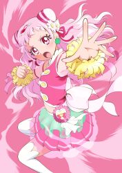 Rule 34 | 1girl, :o, back bow, bow, clover earrings, cone hair bun, cure yell, double bun, earrings, floating hair, flower, four-leaf clover earrings, hair bun, hair flower, hair ornament, hair ribbon, heart, heart hair ornament, heart pouch, highres, hugtto! precure, jewelry, layered skirt, long hair, looking at viewer, magical girl, mattsua, midriff, miniskirt, navel, nono hana, open mouth, outstretched arm, pink background, pink eyes, pink hair, pink shirt, pink skirt, pink theme, pleated skirt, pom pom (cheerleading), precure, red ribbon, ribbon, see-through, shirt, short bangs, simple background, skirt, sleeveless, sleeveless shirt, solo, thick eyelashes, thighhighs, waist brooch, white thighhighs, zettai ryouiki