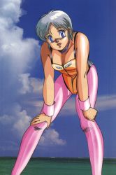 Rule 34 | 1980s (style), 1girl, :d, armband, bent over, blue eyes, blue hair, blush, breasts, choker, cleavage, cloud, dangaiou, day, flat chest, hirano toshihiro, lambda nom, leotard, matching hair/eyes, ocean, oldschool, open mouth, outdoors, pantyhose, pink pantyhose, retro artstyle, shiny clothes, silver hair, sky, small breasts, smile, solo, water
