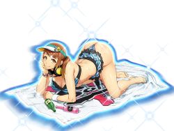 Rule 34 | 1girl, ass, barefoot, breasts, brown eyes, brown hair, feet, official art, olive oppert, smile, solo, sparkle, super robot wars, super robot wars x-omega, swimsuit, wet