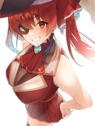 Rule 34 | 1girl, black hat, breasts, cleavage, cropped jacket, eyepatch, hand on own hip, hat, highres, hololive, hololive fantasy, houshou marine, jacket, large breasts, leotard, leotard under clothes, long hair, off shoulder, pirate, pirate hat, red eyes, red hair, red jacket, red ribbon, ribbon, see-through, see-through cleavage, see-through leotard, simple background, sino42, sleeveless, sleeveless jacket, smile, solo, thighhighs, twintails, virtual youtuber