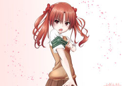 Rule 34 | 1girl, armband, bare shoulders, brown eyes, brown hair, brown skirt, brown sweater, brown sweater vest, brown vest, cherry blossoms, commentary, dated, emblem, green armband, hair between eyes, hand up, highres, long hair, looking at viewer, lower teeth only, mu- (tel445566), open mouth, pink background, pleated skirt, school uniform, shirai kuroko, shirt, short sleeves, skirt, sleeveless, sleeveless sweater, solo, summer uniform, sweater, sweater vest, teeth, toaru kagaku no railgun, toaru majutsu no index, tokiwadai school uniform, twintails, upper body, v-shaped eyebrows, vest, white shirt