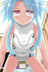 Rule 34 | 1girl, alternate costume, bedroom, blue hair, breasts, covered navel, heart, heart-shaped pupils, highres, leotard, looking at viewer, neptune (series), red eyes, short hair, small breasts, smile, solo, symbol-shaped pupils, white heart (neptunia)