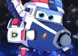 Rule 34 | 1boy, aircraft, airplane, bad id, bad twitter id, blue eyes, blue white airplane, closed mouth, highres, kim mushroom, mecha, paul (super wings), police, robot, simple background, solo, super wings, tagme, twitter username