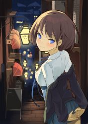 Rule 34 | 1girl, absurdres, alley, arms behind back, bad perspective, black jacket, blue eyes, blue ribbon, blue skirt, blurry, blurry background, brown hair, earrings, highres, jacket, jewelry, light, looking at viewer, looking back, night, night sky, onkyi, original, outdoors, ribbon, shirt, short hair, sign, skirt, sky, smile, standing, stud earrings, white shirt, window