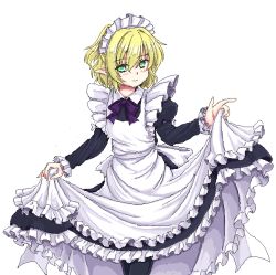 Rule 34 | 1girl, alternate costume, blonde hair, bow, bowtie, clothes grab, clothes lift, dress, dress lift, enmaided, female focus, frilled sleeves, frills, green eyes, isaki (gomi), light smile, long sleeves, maid, mizuhashi parsee, oekaki, pantyhose, pointy ears, solo, touhou, white background