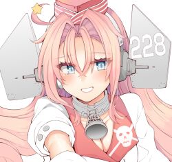 Rule 34 | 1girl, bell, breasts, cleavage, coat, collar, drum (kancolle), garrison cap, grey eyes, grin, hair ornament, hat, headgear, kantai collection, looking at viewer, medium breasts, metal collar, neck bell, parted lips, pink hair, red hat, rui shi (rayze ray), simple background, skull print, smile, solo, star (symbol), star hair ornament, white background, white coat