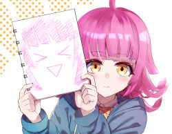 Rule 34 | 1girl, ahoge, blunt bangs, closed mouth, collared shirt, commentary request, drawing, drawing (object), flipped hair, green jacket, holding, holding drawing, hood, hood down, jacket, long hair, long sleeves, looking at viewer, love live!, love live! nijigasaki high school idol club, pink hair, polka dot, polka dot background, shirt, solo, tennoji rina, tsunemi aosa, upper body, white background, white shirt, yellow eyes