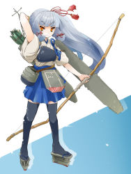 Rule 34 | 1girl, arrow (projectile), bad id, bad pixiv id, bag, bow (weapon), brown eyes, cosplay, fudeyama (fudeco), gradient background, grey hair, japanese clothes, kaga (kancolle), kaga (kancolle) (cosplay), kantai collection, long hair, muneate, murakumo (kancolle), quiver, side ponytail, solo, standing, thighhighs, weapon