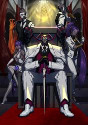 Rule 34 | 2girls, 3boys, absurdres, alternate costume, armor, assassin (fate/zero), backless outfit, bare shoulders, breasts, business suit, center opening, chair, colored skin, dark-skinned female, dark-skinned male, dark skin, earrings, fate/grand order, fate/prototype, fate/prototype: fragments of blue and silver, fate/stay night, fate/zero, fate (series), female assassin (fate/zero), fingerless gloves, formal, gloves, glowing, glowing eyes, grey skin, hairband, hassan of serenity (fate), hassan of the cursed arm (fate), highres, hoop earrings, jacket, jewelry, king hassan (fate), leggings, long hair, looking at viewer, mask, multiple boys, multiple girls, necktie, pant suit, pants, peco (pixiv7926076), ponytail, purple eyes, purple hair, sitting, skull, skull mask, smile, suit, sword, throne, weapon, white jacket