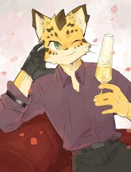 Rule 34 | 1boy, absurdres, alcohol, animal ears, black gloves, black pants, champagne flute, commentary, cup, drinking glass, furry, furry male, gloves, green eyes, head on hand, highres, holding, holding cup, jaguar boy, jaguar ears, korean commentary, looking at viewer, male focus, one eye closed, ose (housamo), pants, red shirt, shirt, single glove, smile, syukapong, tokyo houkago summoners, whiskers, young ose (housamo)