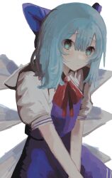 Rule 34 | 1girl, absurdres, blue bow, blue dress, blue eyes, blue hair, blush, bow, cirno, closed mouth, commentary request, dress, expressionless, eyes visible through hair, hair between eyes, hair bow, hands on lap, highres, ice, ice wings, medium hair, red ribbon, ribbon, simple background, sitting, solo, takone, touhou, v arms, white background, wings