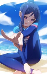 Rule 34 | 1girl, absurdres, birthday, blue hair, highres, itsuka (itsuka 000), long hair, looking at viewer, love live!, love live! sunshine!!, matsuura kanan, open mouth, outdoors, purple eyes, smile, solo, swimsuit
