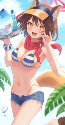 Rule 34 | 1girl, :d, absurdres, animal ear fluff, animal ears, bikini, blue archive, blue sky, bottle, breasts, brown hair, cloud, day, fox ears, fox girl, fox tail, halo, highres, izuna (blue archive), izuna (swimsuit) (blue archive), looking at viewer, medium breasts, navel, open mouth, outdoors, red scarf, scarf, short hair, sky, smile, solo, striped bikini, striped clothes, swimsuit, tail, takio (kani sama), visor cap, water bottle, yellow eyes