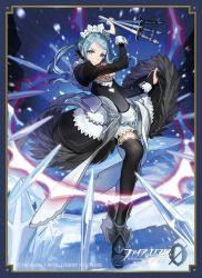 Rule 34 | 1girl, apron, between fingers, black thighhighs, blue eyes, blue hair, bridal gauntlets, card (medium), collar, dagger, detached sleeves, dress, feather trim, fire emblem, fire emblem cipher, fire emblem fates, flora (fire emblem), frilled collar, frilled cuffs, frills, holding, holding weapon, ice, knife, long dress, looking at viewer, maid, maid apron, maid headdress, matching hair/eyes, nintendo, official art, skirt hold, smile, solo, thighhighs, twintails, wada arco, weapon, wrist cuffs