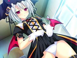 Rule 34 | 1girl, ass, bat wings, belt, black ribbon, black skirt, breasts, cape, clothes lift, formula (stellula eques), game cg, gloves, groin, hair between eyes, hat, koku, medium breasts, miniskirt, non-web source, panties, pleated skirt, purple eyes, red wings, ribbon, shirt, short hair, skirt, skirt hold, skirt lift, solo, standing, stellula eques, straight hair, thigh belt, thigh gap, thigh strap, underwear, white gloves, white hair, white panties, white shirt, wings