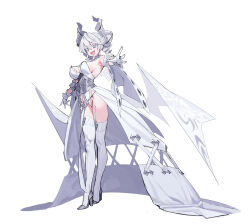 Rule 34 | 1girl, blush, breasts, cleavage, detached sleeves, dragon wings, dress, duel monster, full body, gloves, grey eyes, grey hair, high heels, highleg, highleg leotard, highres, horns, jewelry, large breasts, leotard, lovely labrynth of the silver castle, medium hair, mx2j, open mouth, plackart, pointy ears, ring, smile, solo, thighhighs, twintails, white dress, white gloves, white leotard, wide sleeves, wings, yu-gi-oh!