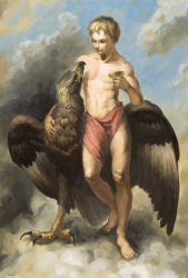 Rule 34 | 1boy, aged down, barefoot, bird, eagle, ganymede (mythology), greek mythology, male focus, nablange, outdoors, short hair, solo, standing, topless male, zeus (mythology)