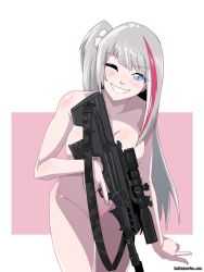 Rule 34 | artist name, asymmetrical bangs, battle rifle, blue eyes, blunt bangs, breasts, bullpup, desert tech mdr, girls&#039; frontline, grey hair, groin, gun, highres, holding, holding gun, holding weapon, holtzworks, leaning forward, leaning to the side, long bangs, long hair, mdr (girls&#039; frontline), medium breasts, multicolored hair, nude, one eye closed, pink background, pink hair, ponytail, rifle, scope, side ponytail, simple background, smile, teasing, teeth, trigger discipline, two-tone hair, v, very long hair, weapon, white background