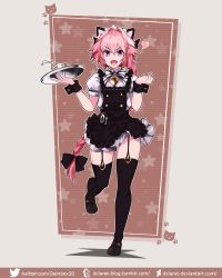 Rule 34 | 1boy, absurdres, alternate costume, apron, astolfo (fate), bell, black bow, black dress, black thighhighs, blush, bow, braid, dclaret, deviantart username, dress, enmaided, fang, fate/apocrypha, fate/grand order, fate (series), frilled apron, frills, full body, hair between eyes, hair bow, hair intakes, highres, long hair, long sleeves, looking at viewer, maid, maid apron, maid headdress, male focus, multicolored hair, open mouth, pink hair, puffy sleeves, purple eyes, short dress, sidelocks, single braid, skin fang, smile, solo, standing, standing on one leg, streaked hair, thighhighs, trap, tumblr username, twitter username, white apron, white bow, white hair, wrist cuffs