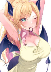 1girl adjusting_hair apron armpits arms_behind_head black_horns black_tail black_wings blonde_hair breasts cleavage cowboy_shot demon_girl demon_horns demon_tail demon_wings frilled_shirt frills green_eyes high_ponytail highres hololive horns large_breasts one_eye_closed pink_shirt shirt simple_background solo tail virtual_youtuber white_background wings yuzuki_choco yuzuki_choco_(1st_costume) zacky