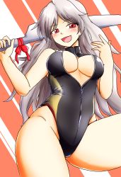 Rule 34 | 1girl, black one-piece swimsuit, blush, breasts, cleavage, cleavage cutout, clothing cutout, competition swimsuit, d-m (dii emu), hatchet, highres, long hair, medium breasts, meme attire, nata (tool), one-piece swimsuit, open mouth, red eyes, sakata nemuno, silver hair, smile, solo, swimsuit, touhou, turtleneck, very long hair, wavy hair