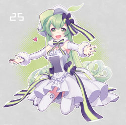 Rule 34 | 1girl, abe (f!mixture), bad id, bad pixiv id, detached sleeves, dress, green eyes, green hair, hat, long hair, macne nana, macne series, matching hair/eyes, outstretched arms, solo, thighhighs, very long hair, vocaloid