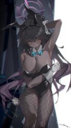 Rule 34 | 1girl, animal ears, arm under breasts, armpits, black hair, black leotard, blue archive, blue bow, blue bowtie, blush, bow, bowtie, breasts, cleavage, dark-skinned female, dark skin, detached collar, fake animal ears, fishnet pantyhose, fishnets, gloves, haine 1871, halo, high ponytail, highleg, highleg leotard, highres, karin (blue archive), karin (bunny) (blue archive), large breasts, leotard, long hair, multicolored hair, official alternate costume, pantyhose, playboy bunny, rabbit ears, solo, strapless, strapless leotard, traditional bowtie, very long hair, white gloves, wrist cuffs, yellow background