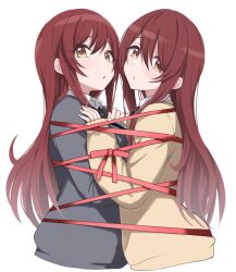 Rule 34 | 2girls, :o, blush, bound together, bow, brown hair, cardigan, collarbone, cropped torso, dot nose, grey cardigan, idolmaster, idolmaster shiny colors, kurara mask, long hair, long sleeves, looking at viewer, multiple girls, open mouth, osaki amana, osaki tenka, red bow, red hair, red ribbon, ribbon, school uniform, shirt, siblings, simple background, sisters, tareme, bound together, twins, upper body, white background, white shirt, yellow cardigan, yellow eyes