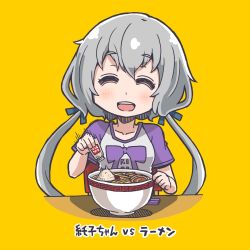 Rule 34 | 1girl, ^ ^, blue ribbon, blush, bowl, breasts, chair, chopsticks, closed eyes, es (eisis), food, grey hair, hair ribbon, konno junko, long hair, low twintails, noodles, open mouth, orange background, ramen, ribbon, shirt, short sleeves, simple background, sitting, solo, t-shirt, translated, twintails, upper body, zombie land saga