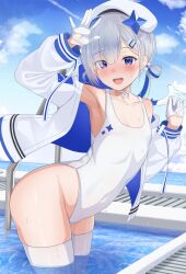 Rule 34 | 1girl, amane kanata, amane kanata (work), armpits, blue eyes, blue hair, blue sky, blush, breasts, cloud, collarbone, covered navel, eyes visible through hair, gloves, grey hair, hair over one eye, half gloves, hands up, highleg, highleg swimsuit, highres, hololive, jacket, leaning forward, long hair, long sleeves, looking at viewer, multicolored hair, one-piece swimsuit, open clothes, open jacket, open mouth, outdoors, pink hair, short hair, sky, small breasts, smile, solo, streaked hair, swimsuit, teeth, thighhighs, tojo aoi, upper teeth only, virtual youtuber, wading, wet, white gloves, white headwear, white jacket, white one-piece swimsuit, white thighhighs