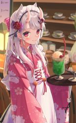 Rule 34 | 1girl, :3, animal ears, blurry, blurry background, blush, cat ears, colored tips, earrings, floral print, food, hair ornament, highres, hololive, horns, ice cream, ice cream float, indoors, jewelry, long hair, long sleeves, looking at viewer, maid, maid headdress, multicolored hair, nakiri ayame, namaonpa, pointy ears, red eyes, red hair, silver hair, solo, tray, virtual youtuber, wa maid, wide sleeves