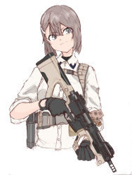 Rule 34 | 1girl, absurdres, ar-15, bad id, bad pixiv id, brown hair, closed mouth, grey eyes, gun, hair between eyes, hair ornament, hairpin, harness, highres, holding, holding gun, holding weapon, looking at viewer, original, rifle, shirt, short hair, simple background, sleeves rolled up, smile, solo, soutou nagi, trigger discipline, v-shaped eyebrows, weapon, white background, white shirt