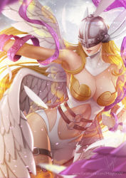 Rule 34 | 1girl, angel wings, angewomon, asymmetrical clothes, bare shoulders, belt, blonde hair, breasts, cleavage, covered eyes, digimon, digimon (creature), digimon adventure, gloves, head wings, helmet, large breasts, long hair, magion02, multiple wings, navel, revision, ribbon, smile, solo, thigh strap, wings