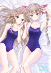 Rule 34 | 2girls, bed, blonde hair, blue reflection (series), blue reflection tie, braid, breasts, collarbone, commentary request, expressionless, hair ornament, hairclip, hand on own face, hondahiro, long hair, looking at viewer, multiple girls, one-piece swimsuit, ribbon, shijou raimu, shijou yuzuki, small breasts, swimsuit, twin braids, yellow eyes
