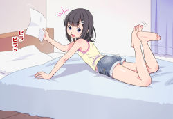 Rule 34 | 1girl, barefoot, bed, blue eyes, blush, denim, denim shorts, feet, hairclip, looking at viewer, on stomach, open mouth, shorts, soles, toes