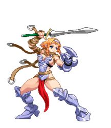 Rule 34 | 1girl, armor, armored boots, blonde hair, blue eyes, boots, braid, breasts, buckle, closed mouth, exiled warrior leina, fighting stance, full body, gauntlets, hairband, holding, holding shield, holding sword, holding weapon, large breasts, leather, leina (queen&#039;s blade), leina (queen's blade), lowres, pixel art, queen&#039;s blade, shield, short hair with long locks, side braid, sideboob, solo, sword, t.s., thick thighs, thighs, toned, twin braids, weapon