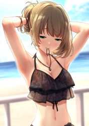 Rule 34 | 1girl, absurdres, armpits, arms behind head, arms up, baffu, bangle, bare shoulders, beach, bikini, blue eyes, blurry, blurry background, blush, bracelet, breasts, brown hair, cleavage, collarbone, day, green eyes, hair tie in mouth, heterochromia, highres, idolmaster, idolmaster cinderella girls, jewelry, long hair, looking down, medium breasts, mole, mole under eye, mouth hold, navel, necklace, sidelocks, skindentation, solo, swimsuit, takagaki kaede, tying hair, upper body