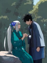 Rule 34 | 1boy, 1girl, absurdres, black hair, black scarf, blue flower, blue kimono, blurry, blurry background, braid, closed mouth, commentary, day, depth of field, english commentary, eye contact, fate/grand order, fate (series), flower, from side, fujimaru ritsuka (male), grey hair, hair flower, hair ornament, highres, holding hands, japanese clothes, kimono, long hair, long sleeves, looking at another, morgan le fay (fate), obi, outdoors, paperpillar, ponytail, profile, sash, scarf, sitting, smile, standing, very long hair, wide sleeves