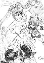 Rule 34 | 3girls, amano nene (digimon xros wars), angel wings, bandai, barefoot, character request, dated, digimon, digimon xros wars, feathers, female focus, flying, gamonkoubou, halo, high ponytail, jewelry, long hair, luminamon, monochrome, multiple girls, nude, open mouth, ring, saliva, smile, twintails, wings