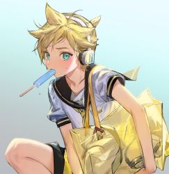 Rule 34 | 1boy, aqua eyes, bag, bass clef, blonde hair, blush, commentary, eating, food, food in mouth, goggles, headphones, holding, holding bag, kagamine len, light blush, looking at viewer, male focus, naoko (naonocoto), necktie, popsicle, popsicle stick, sailor collar, school uniform, shirt, short hair, short ponytail, short sleeves, shoulder bag, spiked hair, squatting, sweat, vocaloid, white shirt, yellow neckwear
