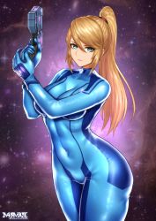 Rule 34 | 1girl, blonde hair, blue bodysuit, bodysuit, breasts, closed mouth, commentary, commentary request, covered navel, cowboy shot, english commentary, expressionless, finger on trigger, green eyes, gun, hair between eyes, high ponytail, highres, holding, holding gun, holding weapon, large breasts, legs together, long hair, looking at viewer, masamune oekaki, metroid, nintendo, ponytail, samus aran, shiny clothes, sidelocks, solo, standing, star (sky), swept bangs, twitter username, weapon, zero suit