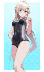 Rule 34 | 1girl, absurdres, ahoge, ak74m (girls&#039; frontline), ak74m (trident and fish slicer) (girls&#039; frontline), bare legs, bare shoulders, black one-piece swimsuit, blonde hair, blue background, blue eyes, blush, breasts, closed mouth, covered navel, girls&#039; frontline, hair between eyes, hair ornament, hand on own hip, highres, legs, long hair, looking at viewer, medium breasts, official alternate costume, one-piece swimsuit, school swimsuit, simple background, snowflake hair ornament, solo, swimsuit, two-tone swimsuit, v, water drop, wet, yakob labo