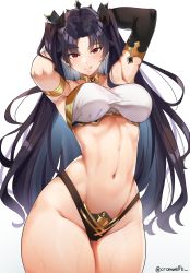 Rule 34 | 1girl, :q, absurdres, armlet, armpits, arms behind head, arms up, asymmetrical sleeves, bandeau, bare shoulders, bikini, black hair, black thighhighs, blush, bracelet, breasts, closed mouth, collarbone, contrapposto, cowboy shot, cromwellb, crown, day, detached sleeves, earrings, elbow gloves, eyelashes, fate/grand order, fate (series), frown, gloves, gold trim, groin, hair ribbon, highleg, highleg bikini, highres, hoop earrings, horizon, ishtar (fate), jewelry, large breasts, legs together, long hair, looking at viewer, midriff, mismatched bikini, mountainous horizon, navel, neck ring, necklace, outdoors, outside border, parted bangs, red eyes, ribbon, sidelocks, simple background, single detached sleeve, single elbow glove, single sleeve, single thighhigh, smile, solo, standing, stomach, strapless, swimsuit, thighhighs, thighs, tiara, tongue, tongue out, tube top, two side up, uneven sleeves, very long hair, white background