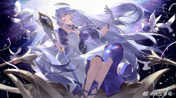 Rule 34 | 1girl, aqua eyes, bare shoulders, bead bracelet, beads, bird, bracelet, breasts, cleavage, detached sleeves, dress, earrings, floating hair, gloves, halo, hand up, head wings, highres, holding, holding staff, honkai: star rail, honkai (series), jewelry, long hair, looking to the side, medium breasts, open mouth, purple dress, purple hair, robin (honkai: star rail), short sleeves, sitting, smile, solo, staff, teeth, two-tone dress, upper teeth only, white dress, white gloves, white wings, wings, ye xing caomei