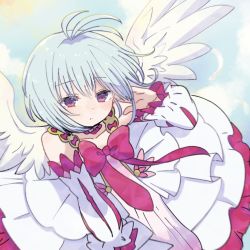 Rule 34 | 1girl, adjusting hair, ahoge, angel wings, blue hair, blue sky, bow, bowtie, cloud, commentary request, detached sleeves, dress, feathers, fitoria (tate no yuusha no nariagari), highres, layered dress, light blue hair, looking to the side, pink bow, pink bowtie, purple eyes, short hair, sidelocks, sky, solo, tate no yuusha no nariagari, tyokamaru, upper body, white dress, white wings, wings