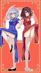 Rule 34 | + +, 2girls, :d, :o, absurdres, alternate costume, arm up, atelier (series), atelier sophie, black footwear, black ribbon, blue dress, blue eyes, blush, braid, breasts, brown hair, bun cover, china dress, chinese clothes, cleavage, clenched hand, dress, hair over shoulder, hair ribbon, hand up, heart cutout, highres, medium hair, multiple girls, open mouth, plachta, red background, red dress, ribbon, short hair, silver hair, silver ribbon, small breasts, smile, sophie neuenmuller, standing, standing on one leg, uhouhogorigori, white footwear