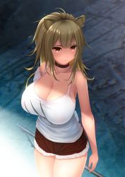 Rule 34 | 1girl, animal ears, arknights, bare arms, bare shoulders, black choker, breasts, brown eyes, brown hair, brown shorts, choker, cleavage, collarbone, commentary request, cowboy shot, fur-trimmed shorts, fur trim, highres, huge breasts, irori (irorixc), lion ears, long hair, looking at viewer, short shorts, shorts, siege (arknights), solo, standing, tank top, thighs, white tank top