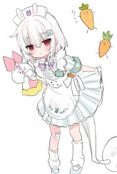 Rule 34 | 1girl, absurdres, animal ears, apron, armband, blush, dress, flower knight girl, full body, gloves, grey footwear, hair between eyes, hair ornament, hairclip, hand puppet, hat, highres, leaning forward, looking at viewer, loose socks, nurse, nurse cap, parted lips, pleated dress, puffy short sleeves, puffy sleeves, puppet, rabbit ears, red eyes, safety pin, shiodome oji, shoes, short sleeves, simple background, socks, solo, standing, translation request, usagigoke (flower knight girl), white apron, white background, white dress, white gloves, white hair, white hat, white socks