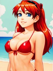 Rule 34 | 1girl, ai-generated, beach, bikini, blue eyes, bow, breasts, cleavage, covered erect nipples, hair bow, highres, large breasts, long hair, looking at viewer, navel, neon genesis evangelion, ocean, orange hair, parted lips, red bikini, smile, solo, souryuu asuka langley, swimsuit, twintails, water
